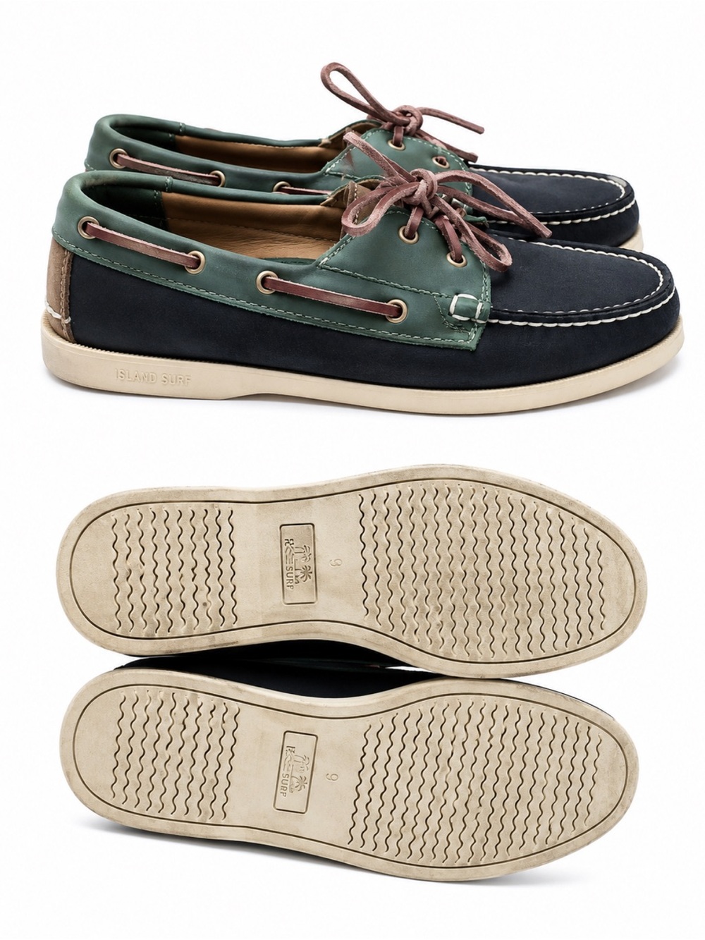 Island Surf Boat Shoes Men’s Size 9 Green Navy Lace Up Casual Dock Shoes